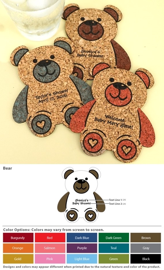 Personalized Baby-Bear-Shaped Baby Shower Cork Coasters (15 Colors)