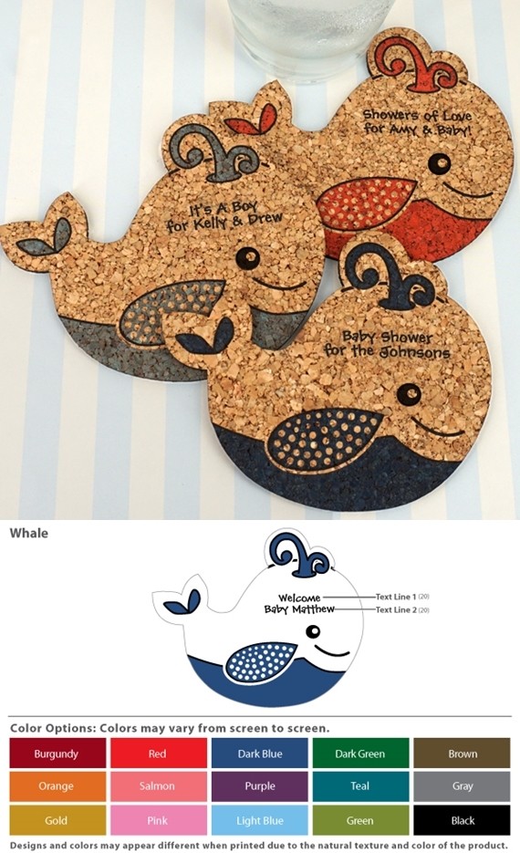 Personalized Baby-Whale-Shaped Baby Shower Cork Coasters (15 Colors)