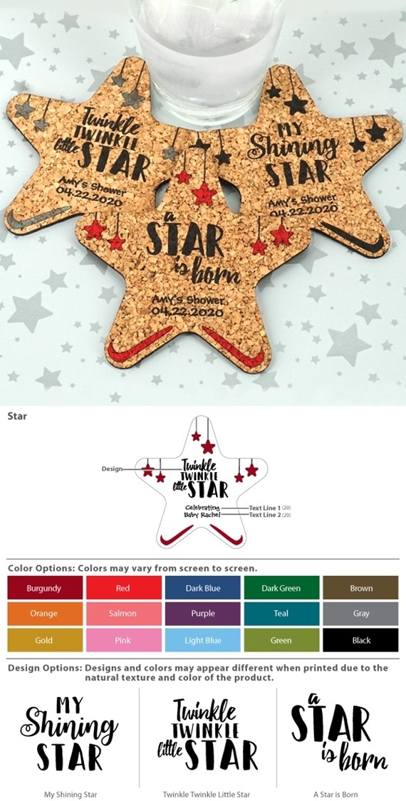 Personalized Shining Star-Shaped Baby Shower Cork Coasters (15 Colors)