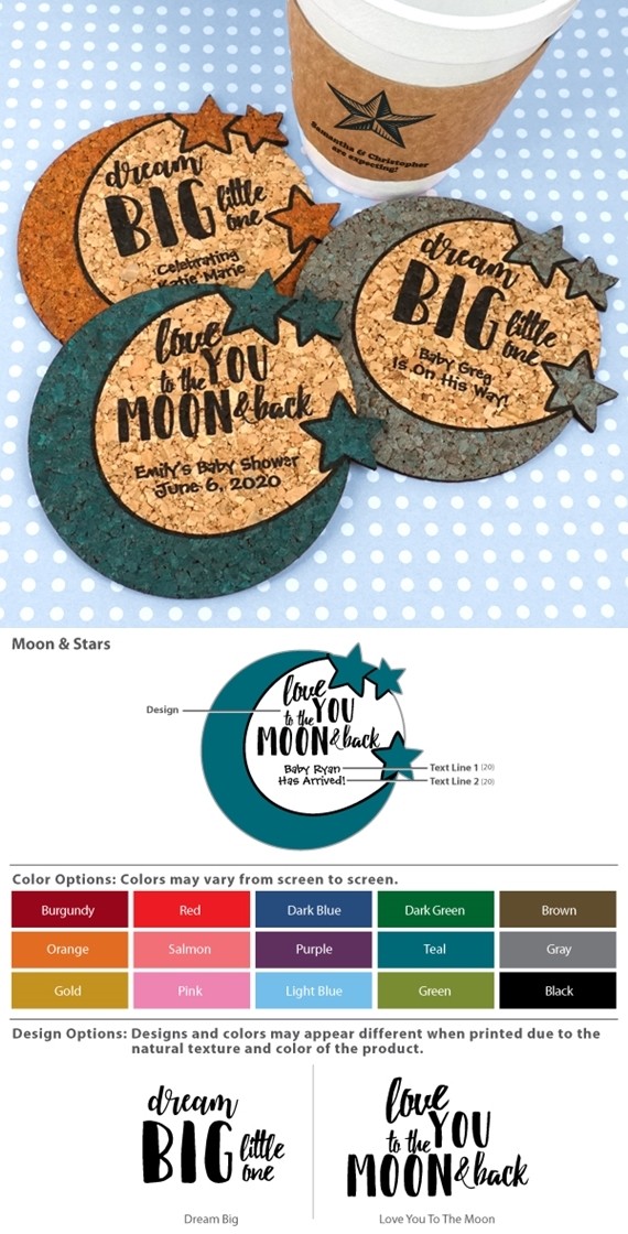 Personalized Moon and the Stars Baby Shower Cork Coasters (15 Colors)