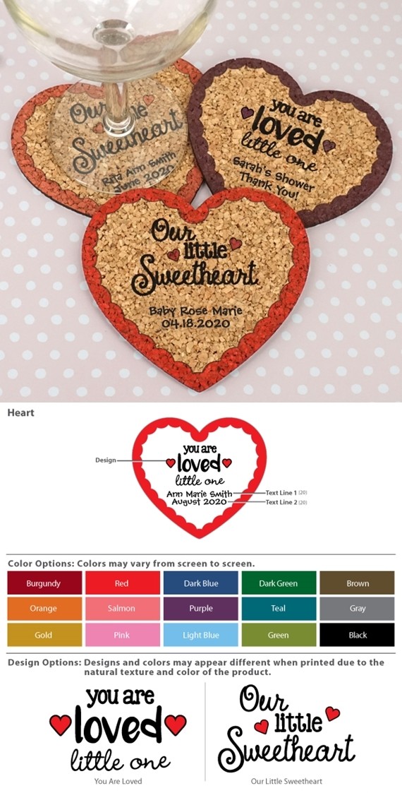 Personalized Heart-Shaped Baby Shower Cork Coasters (15 Colors)