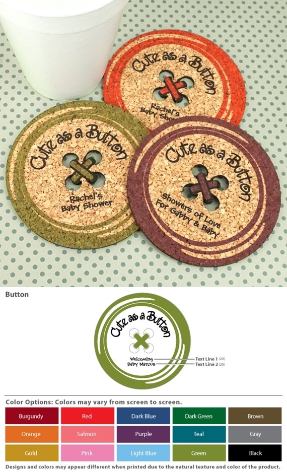 Personalized 'Cute as a Button' Baby Shower Cork Coasters (15 Colors)