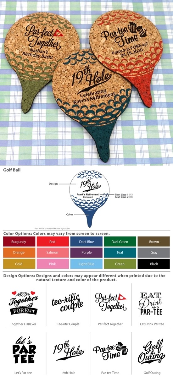 Personalized Golf Ball on a Tee Shaped Cork Coasters (15 Colors)