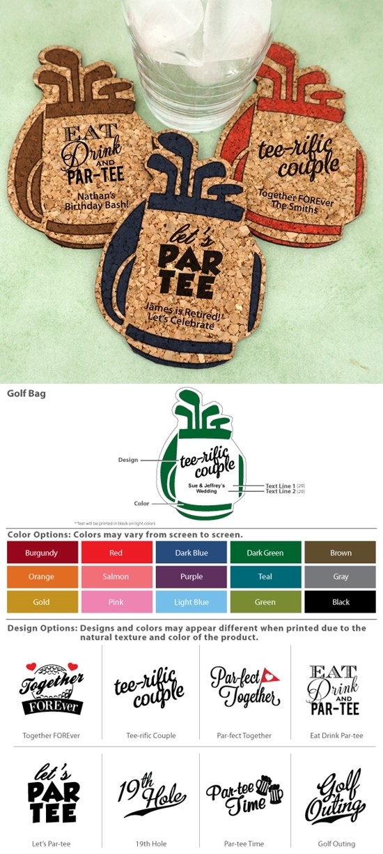 Personalized Golf Bag Shaped Cork Coasters (15 Colors)