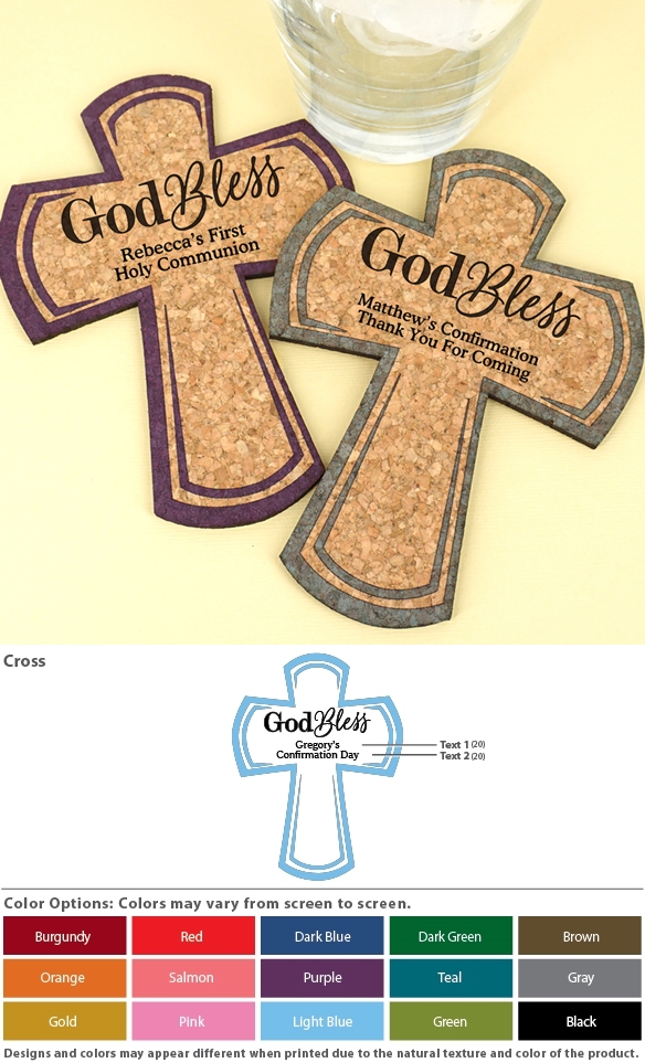Personalized 'God Bless' Cross-Shaped Cork Coasters (15 Colors)