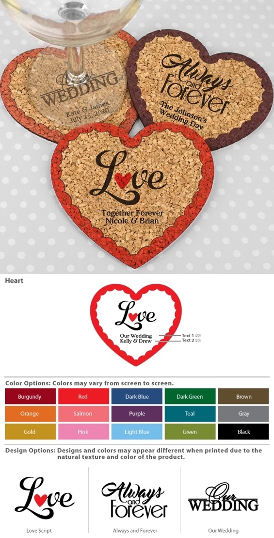Personalized Wedding Heart-Shaped Cork Coasters (3 Sayings; 15 Colors)