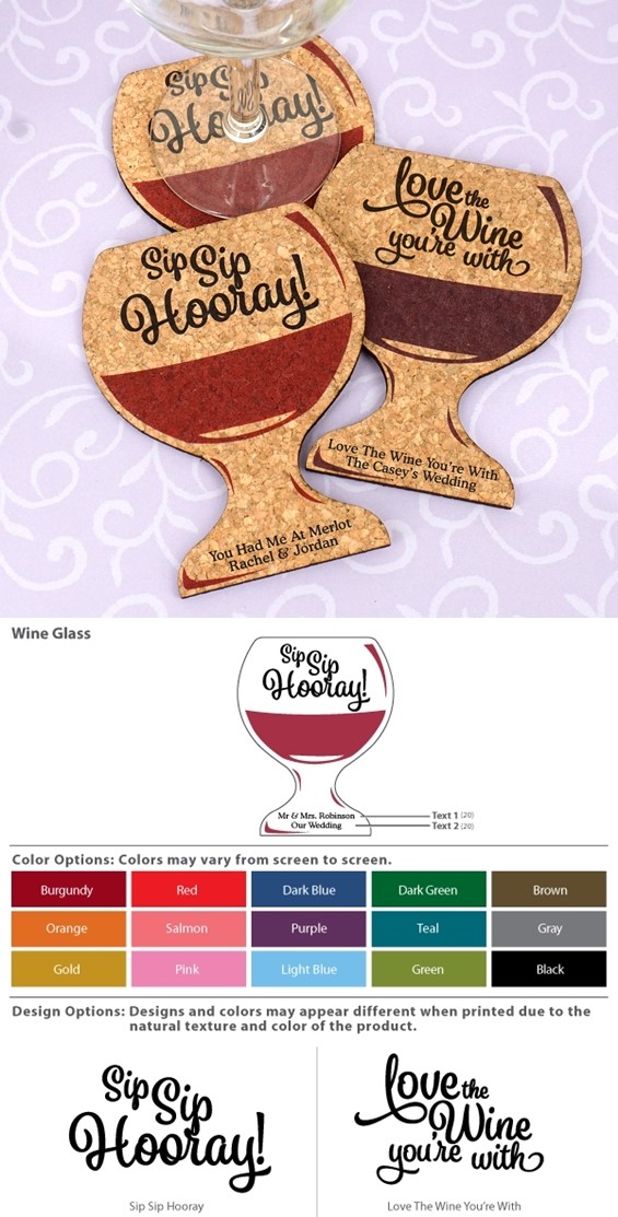 Personalized Wine Glass-Shaped Cork Coasters (3 Sayings; 15 Colors)