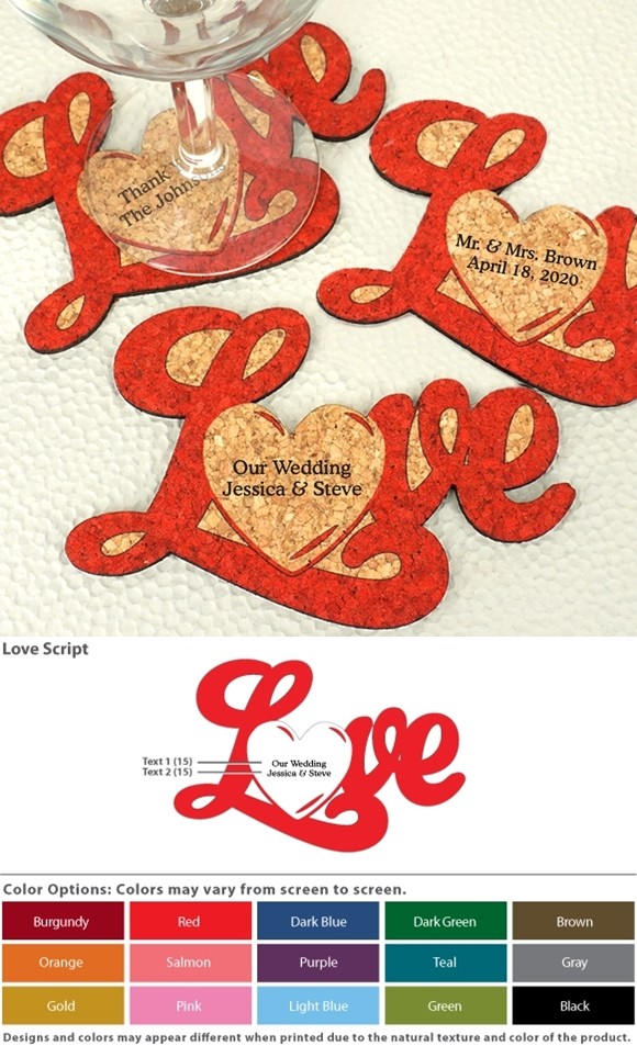 Ducky Days Personalized Love Script w/ Heart Cork Coasters (15 Colors)