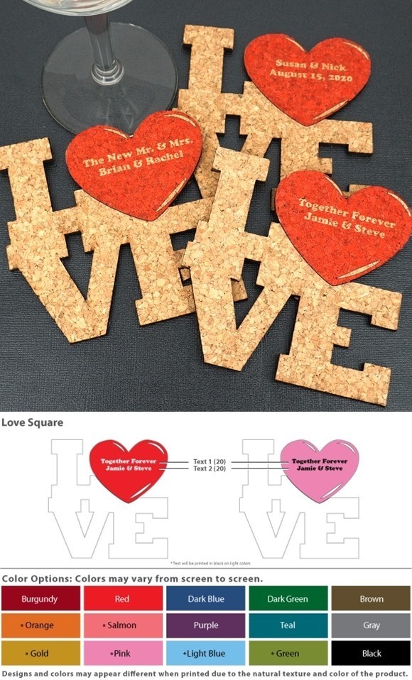 Ducky Days Personalized Love Square w/ Heart Cork Coasters (15 Colors)