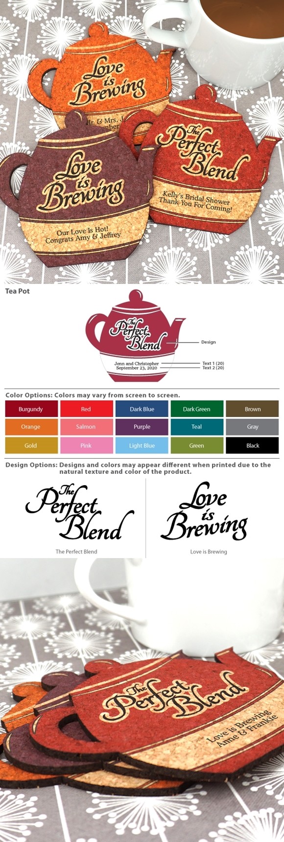 Personalized Tea Pot-Shaped Cork Coasters (2 Sayings; 15 Colors)