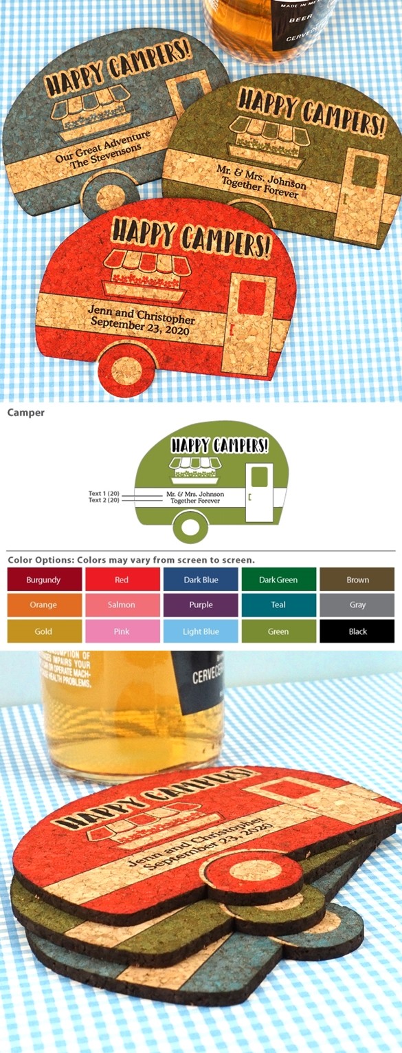 Personalized Vintage Camper-Shaped Cork Coasters (15 Colors)