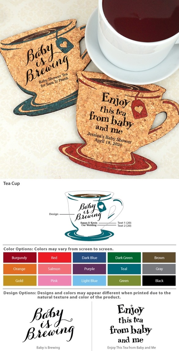 Personalized Baby Shower Tea Cup-Shaped Cork Coasters (15 Colors)