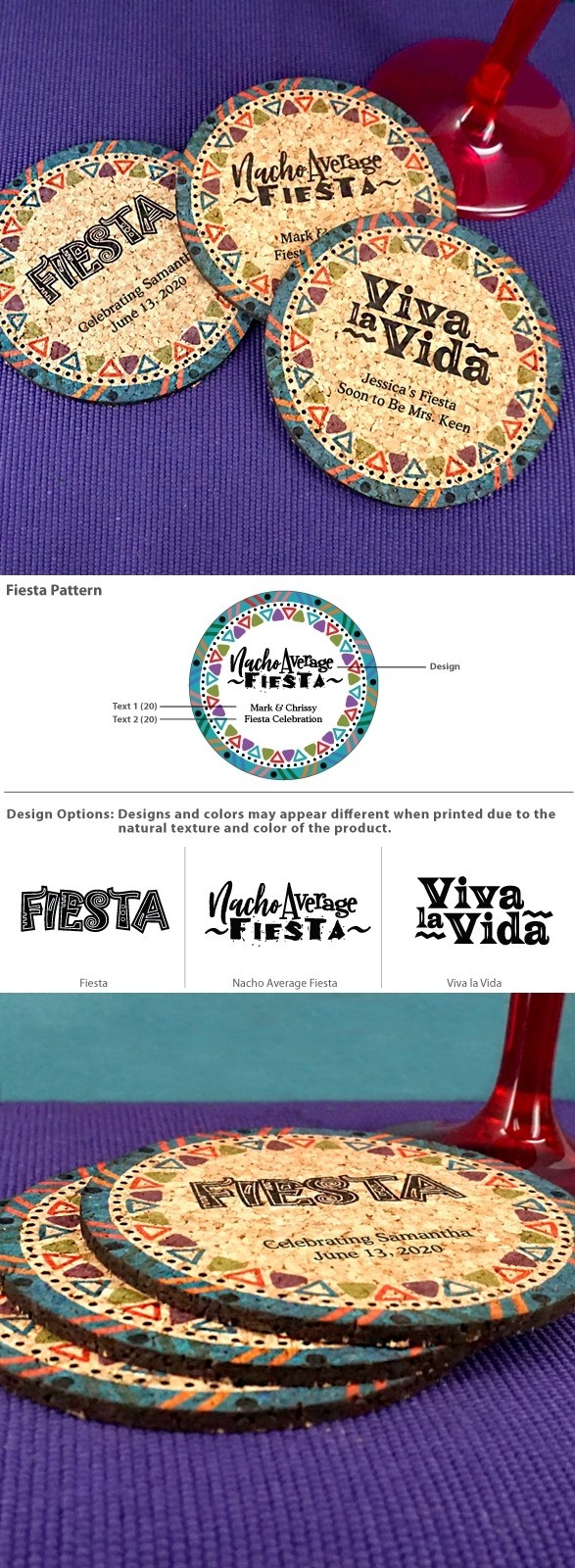 Personalized Fiesta Pattern Round Cork Coasters (3 Sayings)