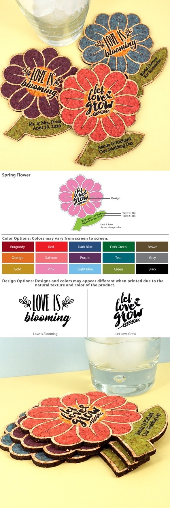 Personalized Spring Flower Cork Coasters (2 Sayings; 15 Colors)