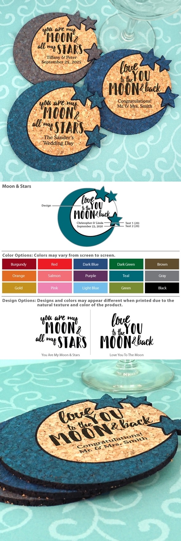 Personalized Wedding Moon & Stars Cork Coasters (2 Sayings; 15 Colors)