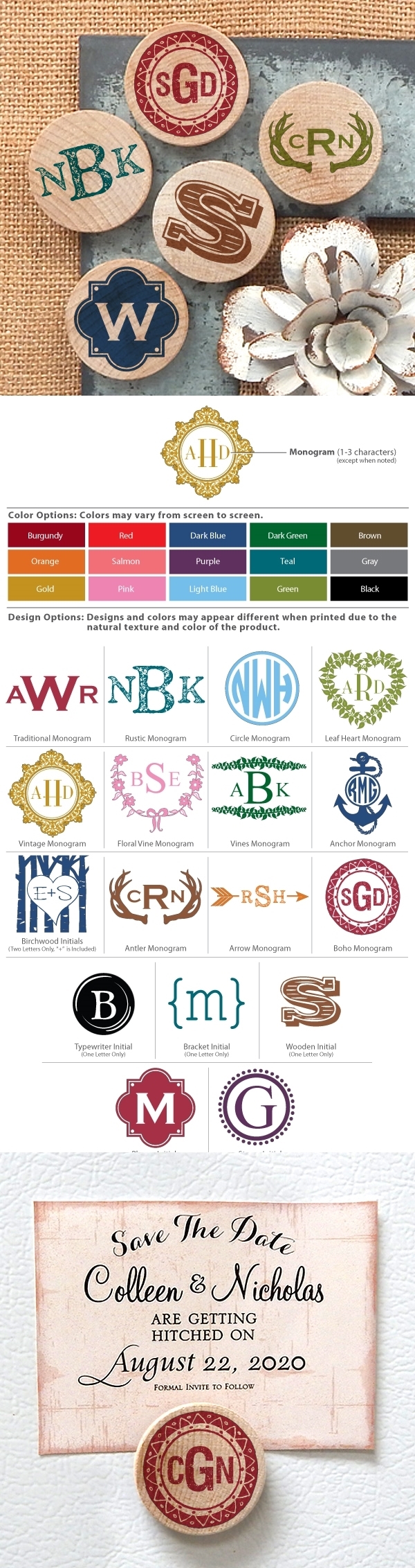 Monogrammed Wooden Nickel Magnets (17 Designs)