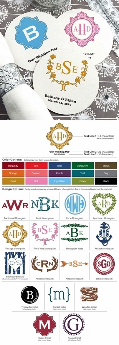 Monogrammed Round White Paper-Board Coasters (17 Designs)