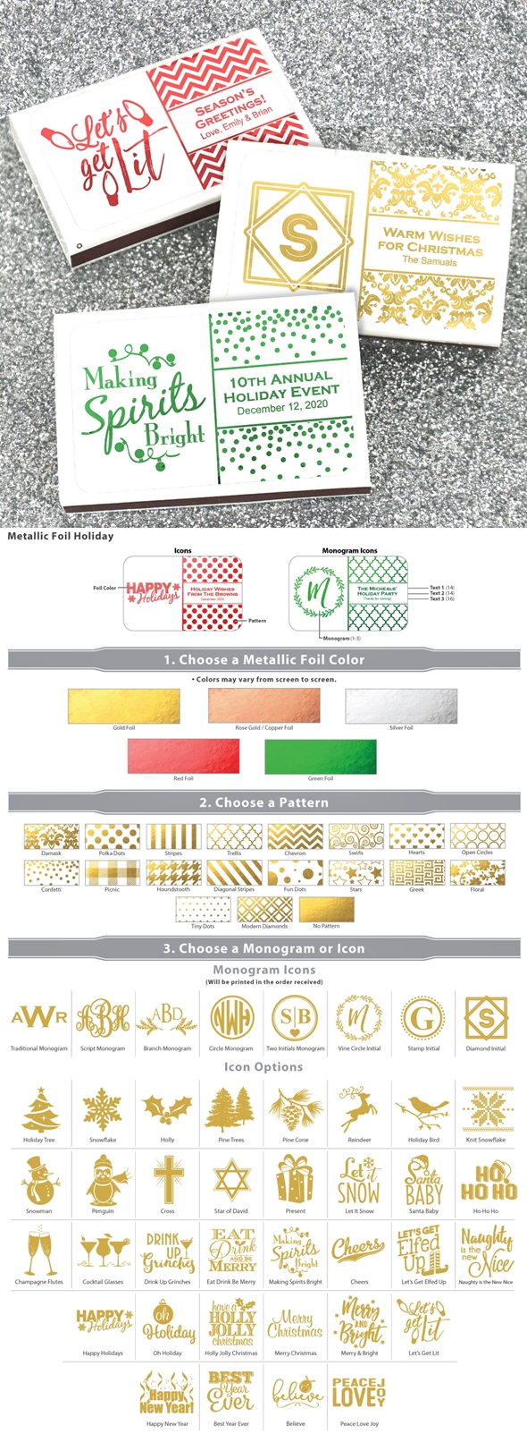 Metallic Foil Holiday Design Personalized White Matchboxes (Set of 50)