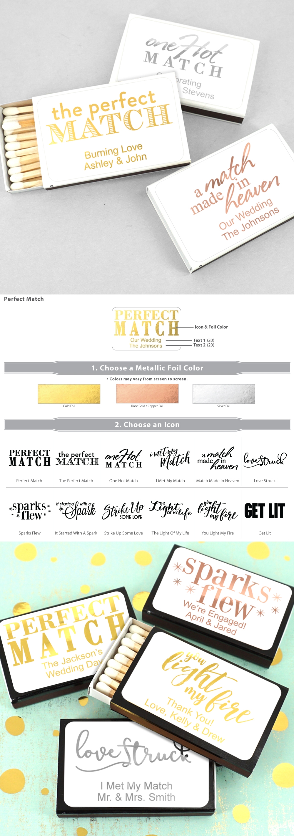 Personalized 'Perfect Match' White Matchboxes (12 Designs) (Set of 50)