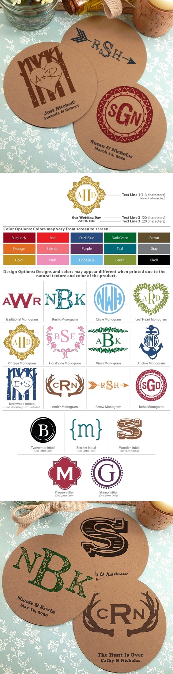 Monogrammed Round Kraft CardstockPaper Coasters (17 Designs