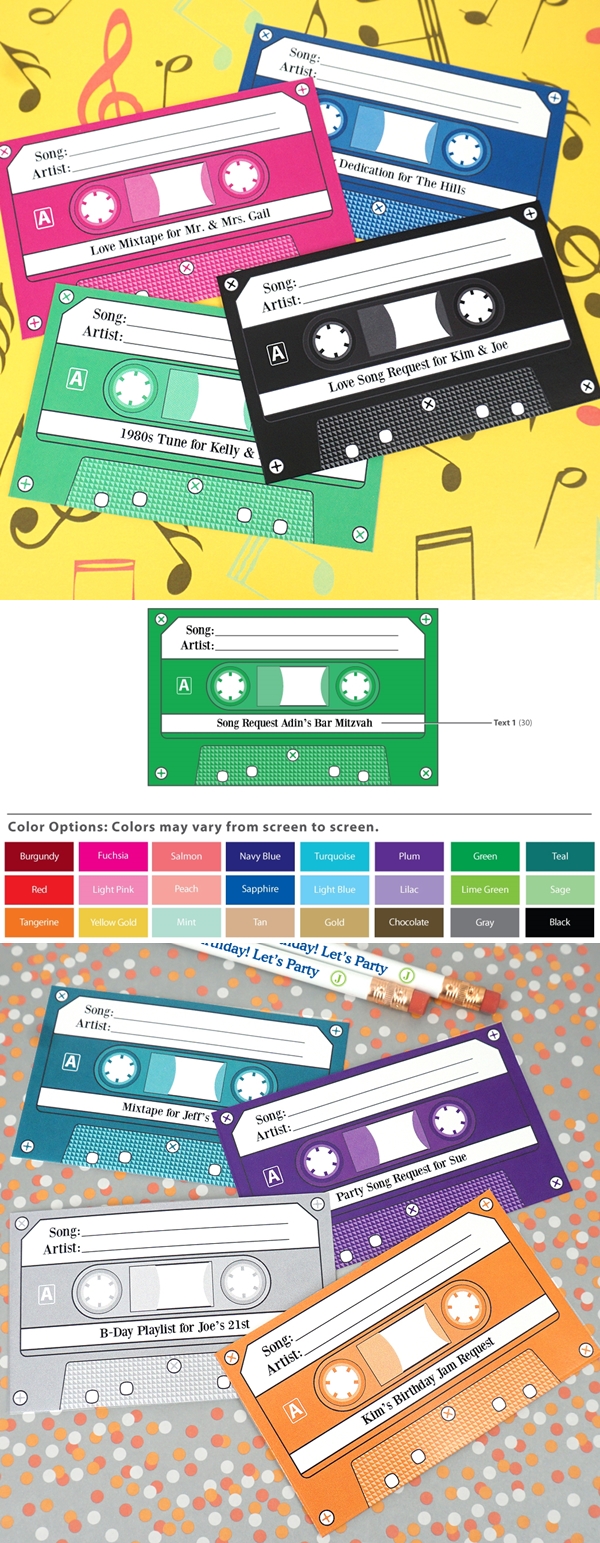 Personalized Retro Cassette-Tape Shaped Song Request Cards (15 Colors)