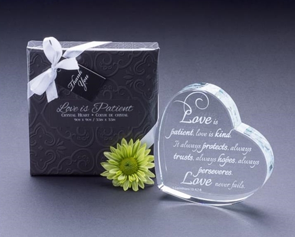 Heart-Shaped Laser-Etched 'Love Is Patient' Crystal Gift/Cake Topper | Personalized Gifts and ...