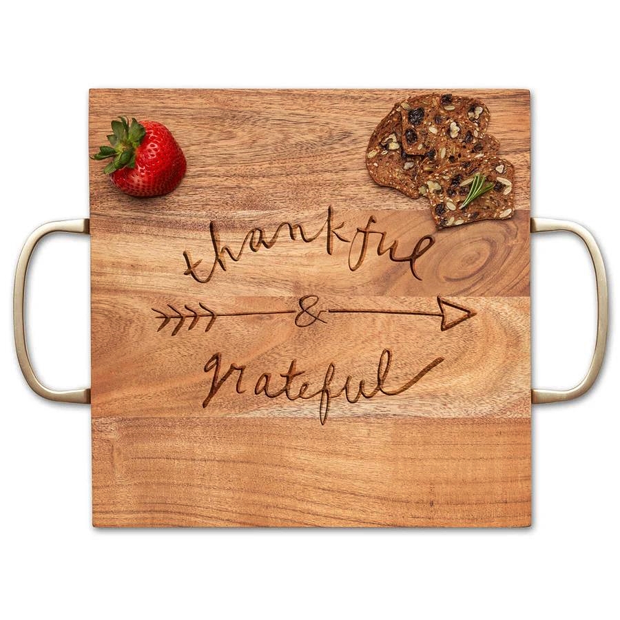 Thankful & Grateful Arrow Design Acacia-Wood Square Serving Board with Handles