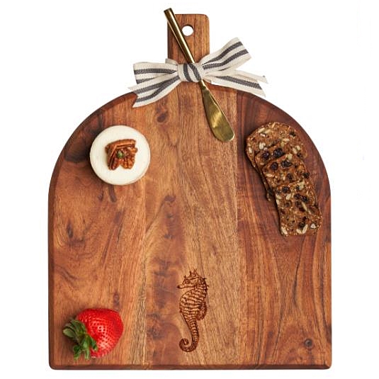 Seahorse Design Beveled-Edge Acacia-Wood Board with Ribbon and Gold Spreader