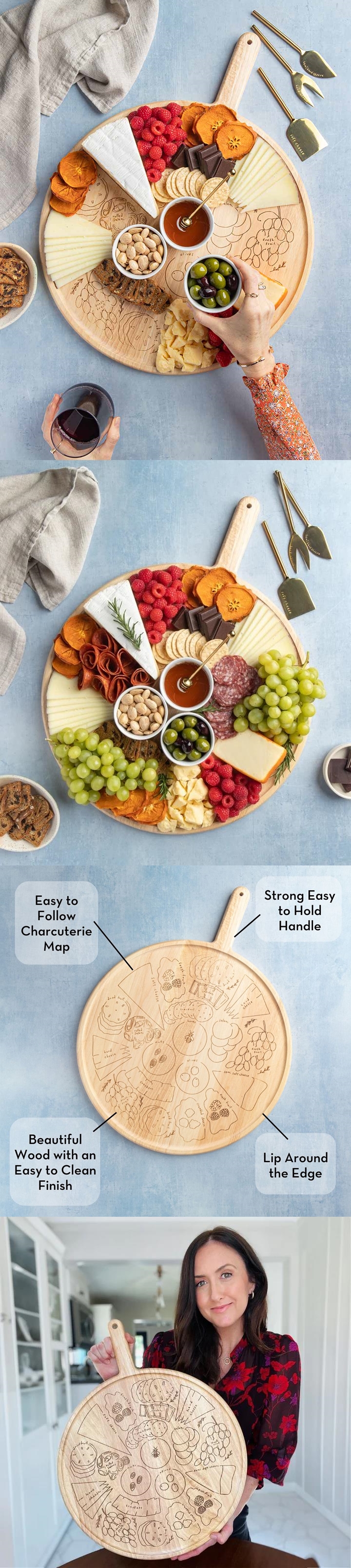 Meg Quinn Round Rubber-Wood Charcuterie Map Board with Handle