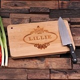Personalized Bamboo Cutting Board with Name in Oval Flourish Motif