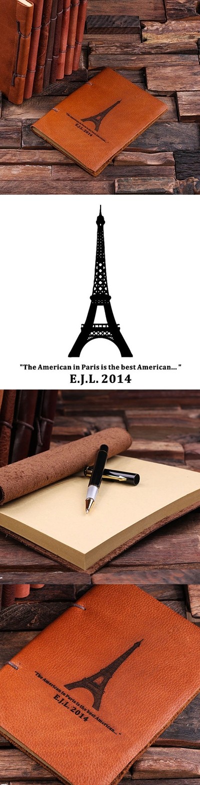 Engraved Paris Eiffel Tower Design Leather Notebook/Journal/Guest Book