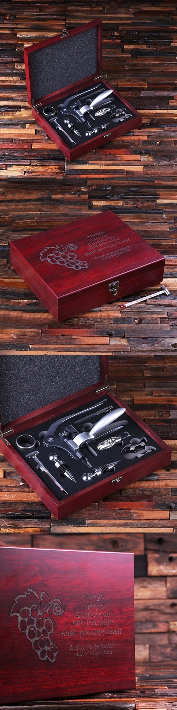 Personalized 7-piece Wine Accessories Tool Kit in Cherry-Wood Box