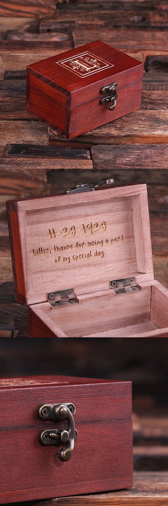 Monogrammed Cherry-Wood Treasure Trunk/Jewelry Box with Latch Closure