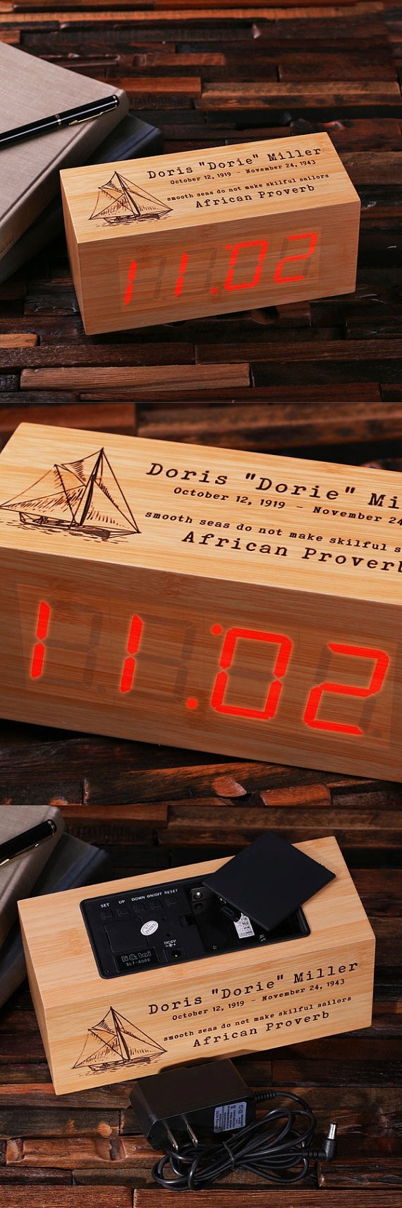 Custom Engraved Rectangular-Shaped Digital Wood Clock with LED Display