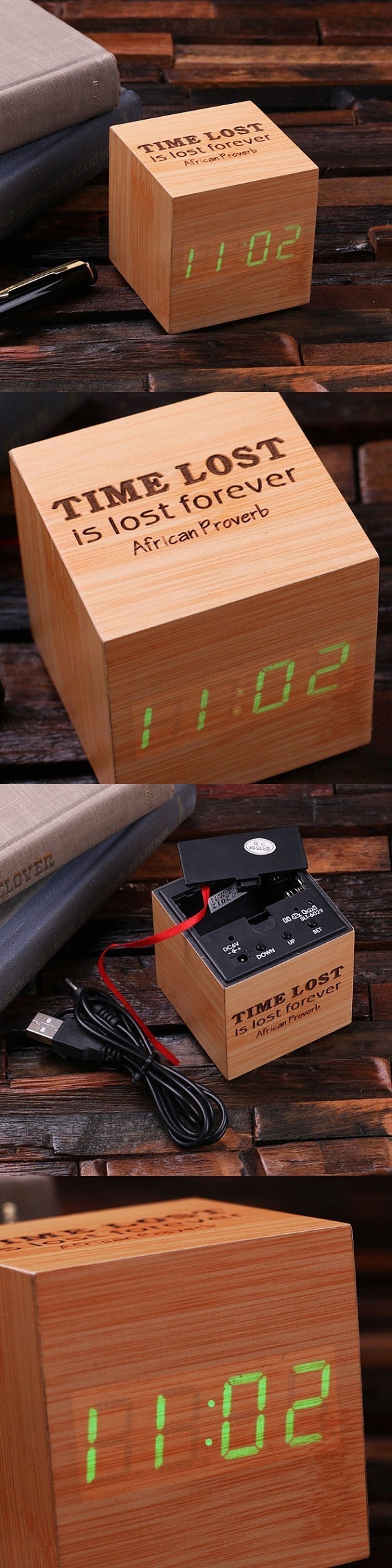 Personalized Cube-Shaped Digital Wood Clock with Engraved Message