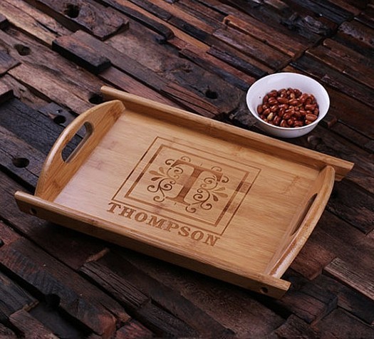 Personalized Engraved Bamboo Wood Serving Tray with Cutout Handles