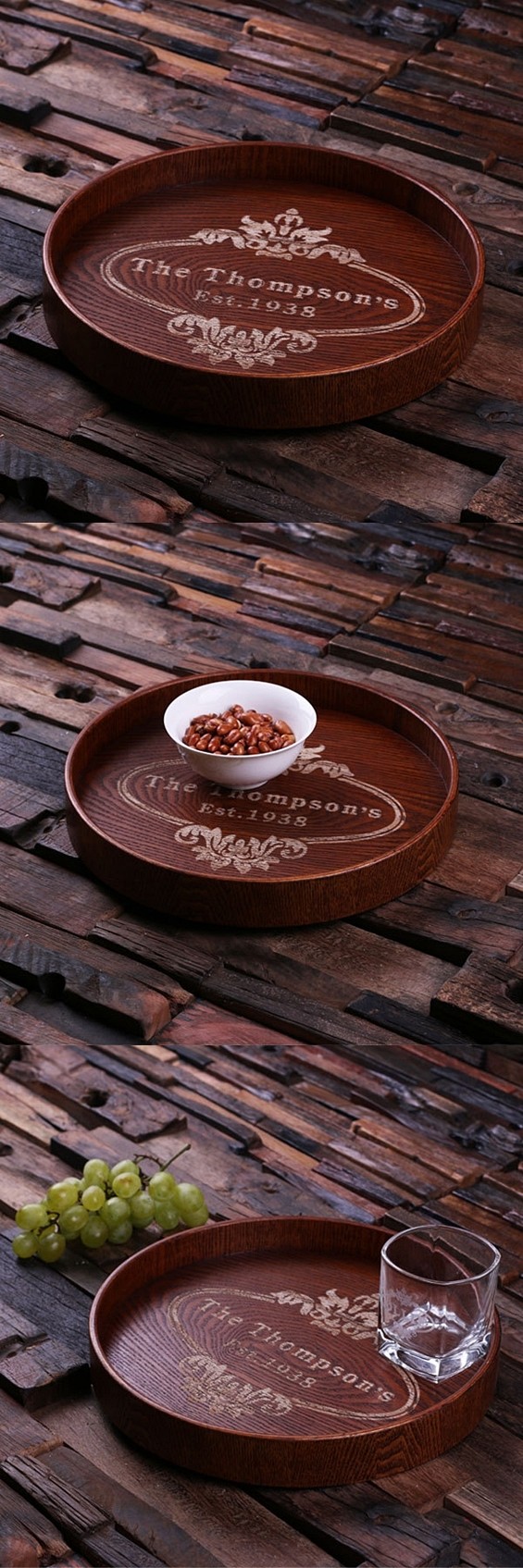 Personalized Dark-Wood Serving Tray with Victorian Oval Crest Motif