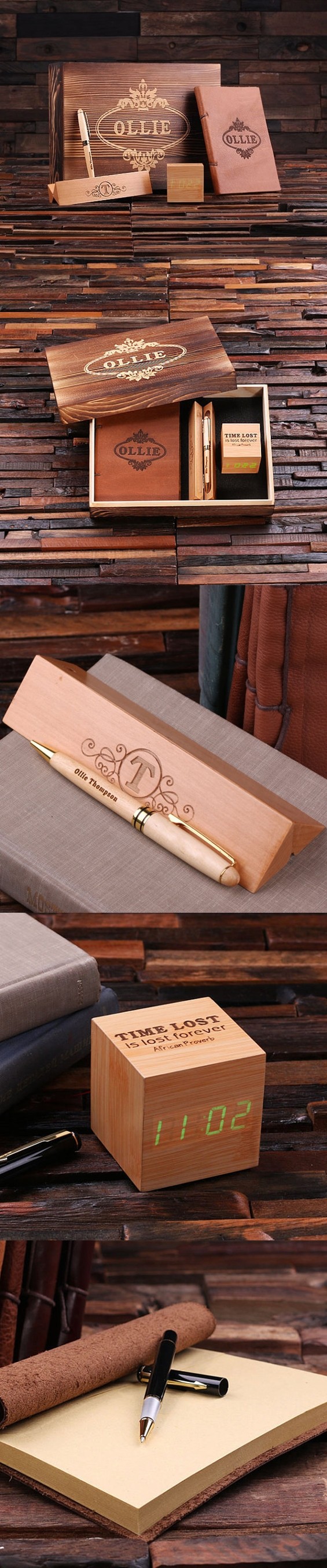 Personalized Gift-Set w/ Pen Set, Leather Journal & Digital Wood Clock
