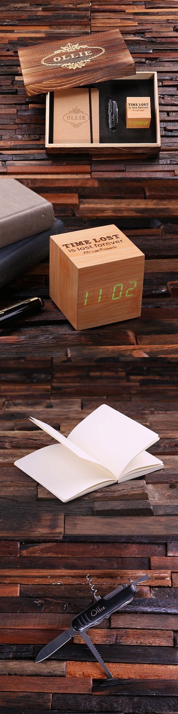 Personalized Gift-Set w/ Journal, Multi-Use Knife & Digital Wood Clock