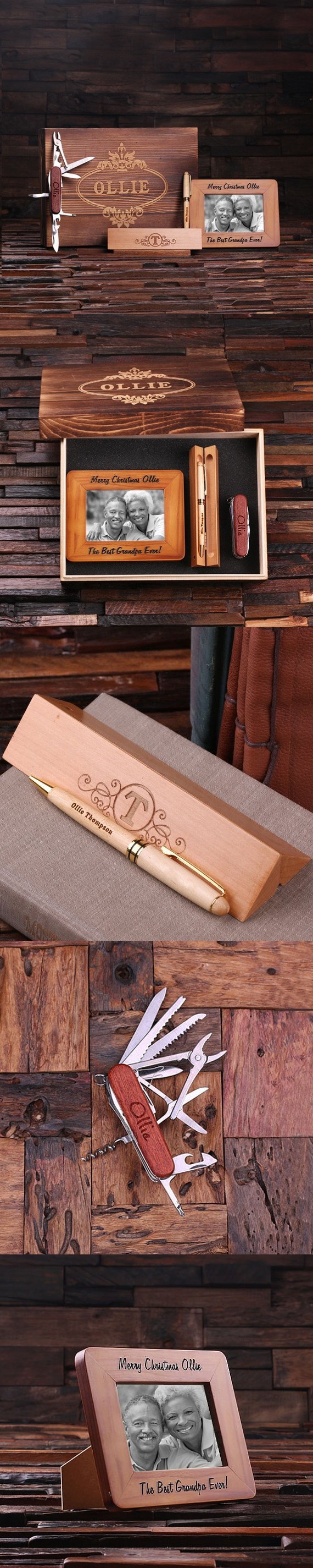 Personalized Gift-Set w/ Frame, Wood Pen Set & Army Knife in Wood Box