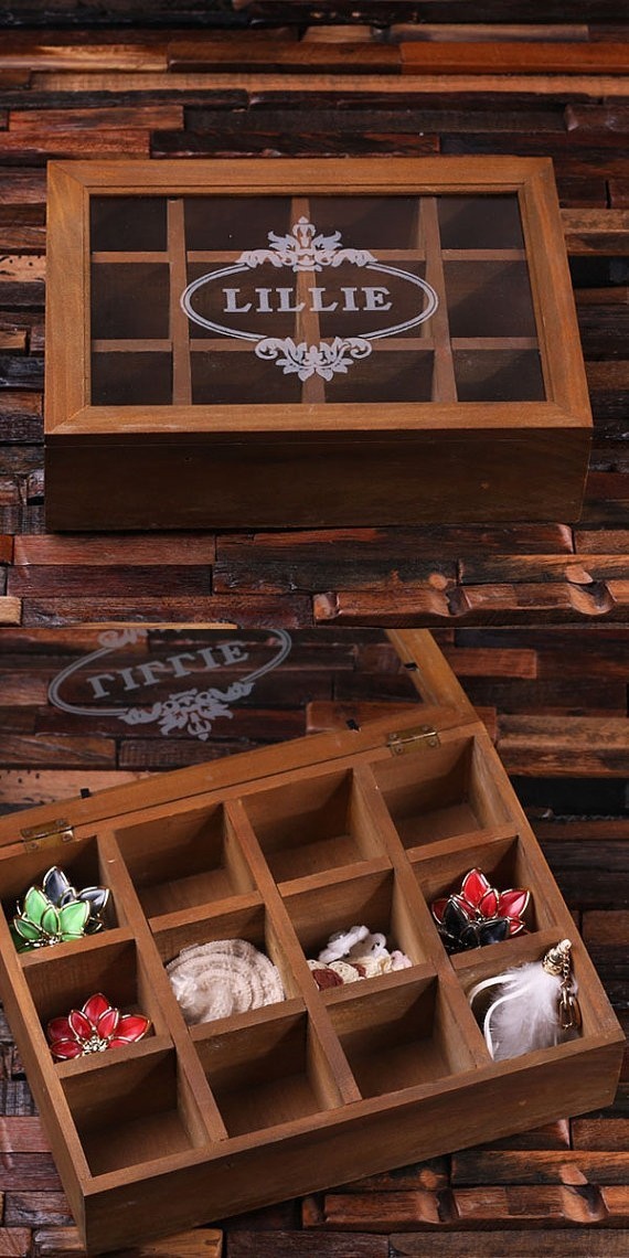 Personalized Wood Tea Box/Jewelry Box/Organizer with Glass Lid