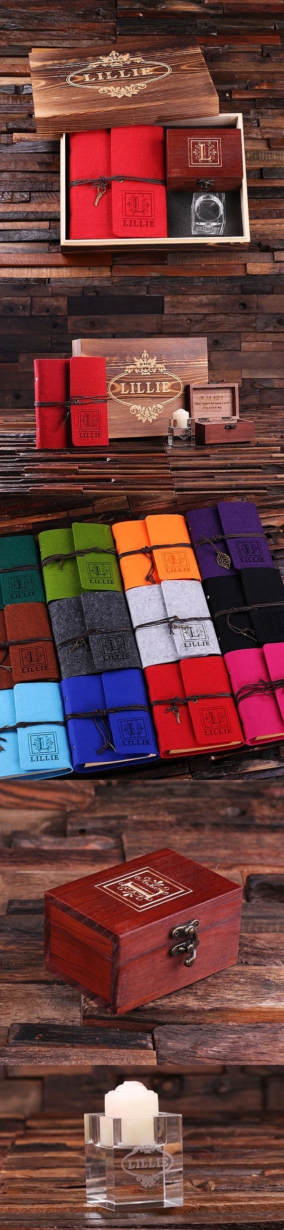 Personalized Set w/ Journal, Treasure Box & Candle Holder in Wood Box