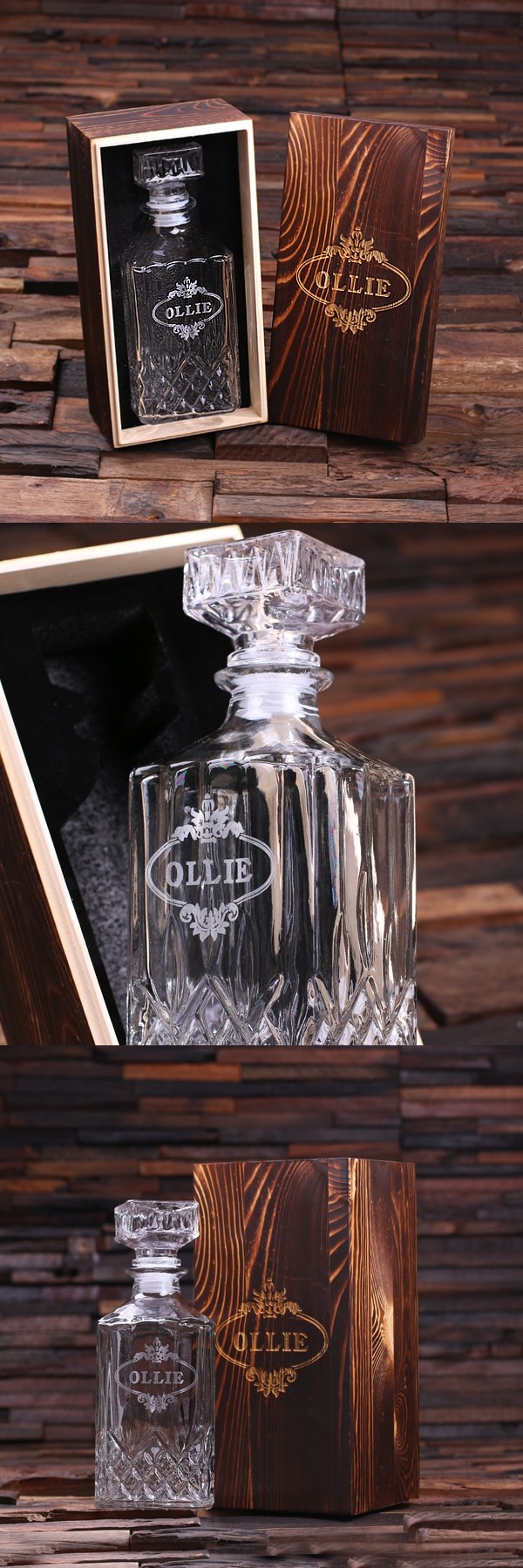 Personalized Faceted-Glass Whiskey Decanter in Wood Gift-Box