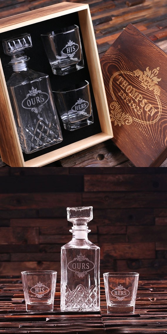 His Hers Ours Whiskey Decanter & Glasses Set in Personalized Wood Box