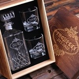 Yours Mine Ours Whiskey Decanter & Glasses with Personalized Wood Box