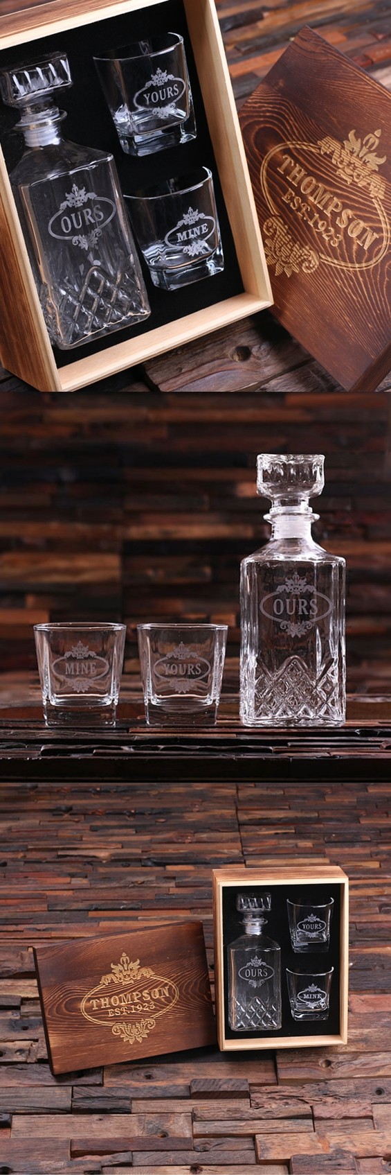 Yours Mine Ours Whiskey Decanter & Glasses with Personalized Wood Box