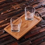 Personalized Bamboo-Wood Bar Tray with Two Whiskey Glasses