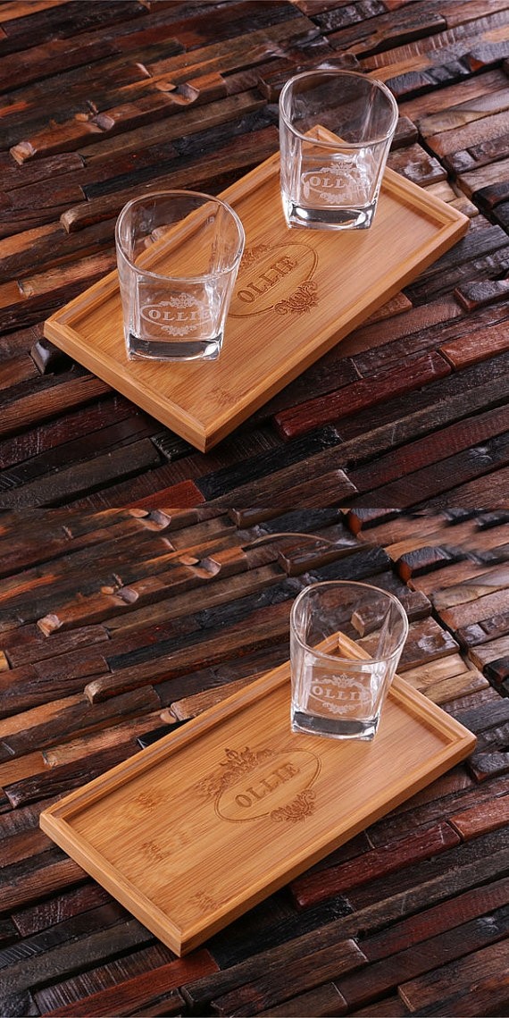 Personalized Bamboo-Wood Bar Tray with Two Whiskey Glasses