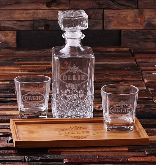 Personalized Wood Bar Tray Set with Decanter & 2 Whiskey Glasses