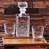 Personalized Wood Bar Tray Set with Decanter & 2 Whiskey Glasses